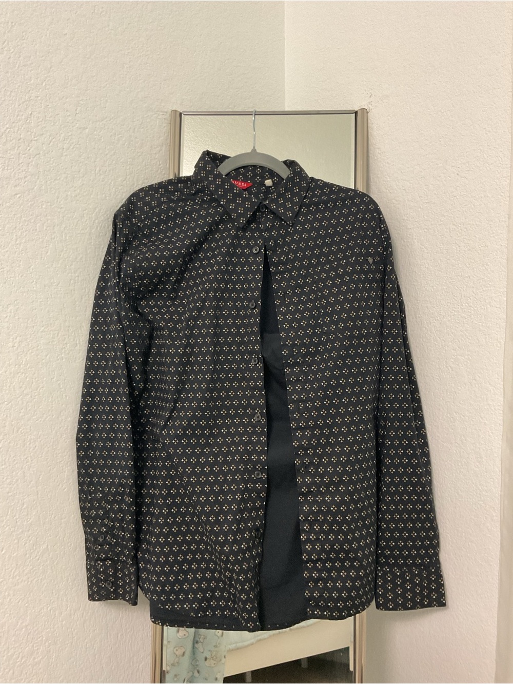 GUESS Black Long-Sleeve Button-Down with Small White Geometric Print
